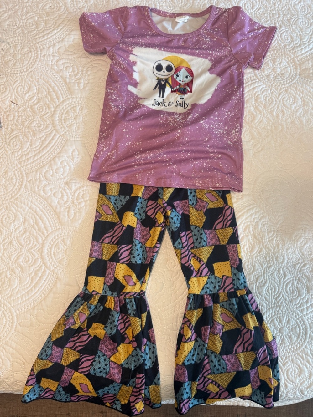 Disney Jack & Sally Purple Graphic Top with Patterned Bell-Bottom Pants